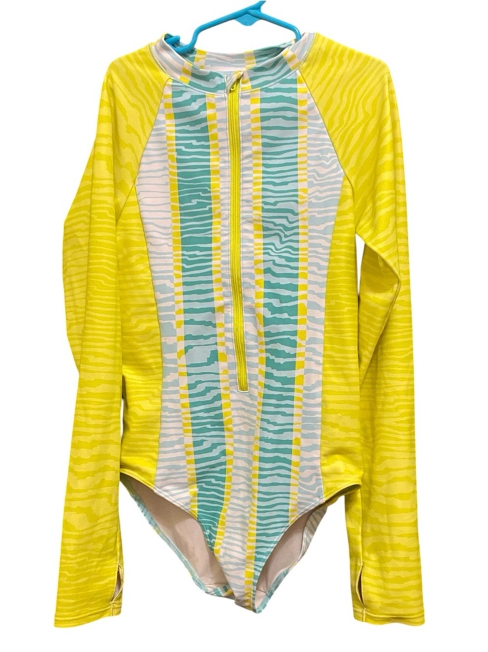 Zella Girl Yellow and Aqua Long Sleeve One-Piece Rash Guard